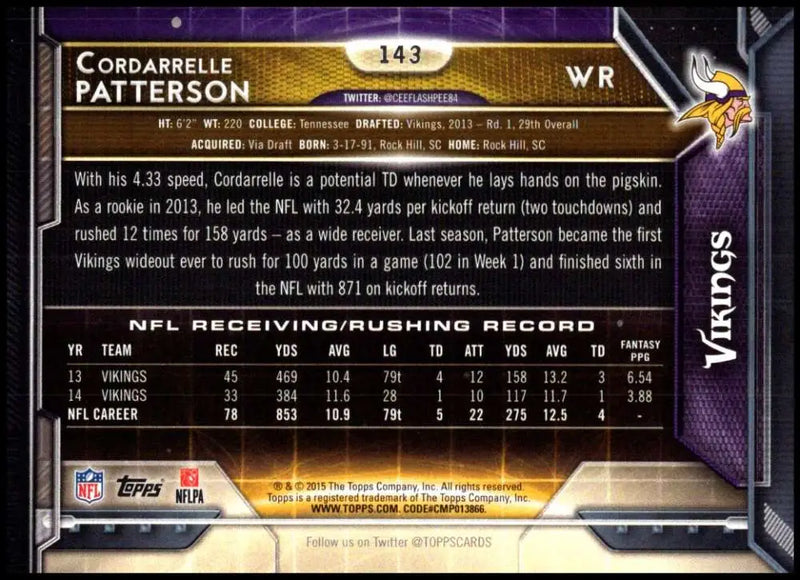2015 Topps #143 Cordarrelle Patterson NM-MT Minnesota Vikings Football Card - Football Card Single