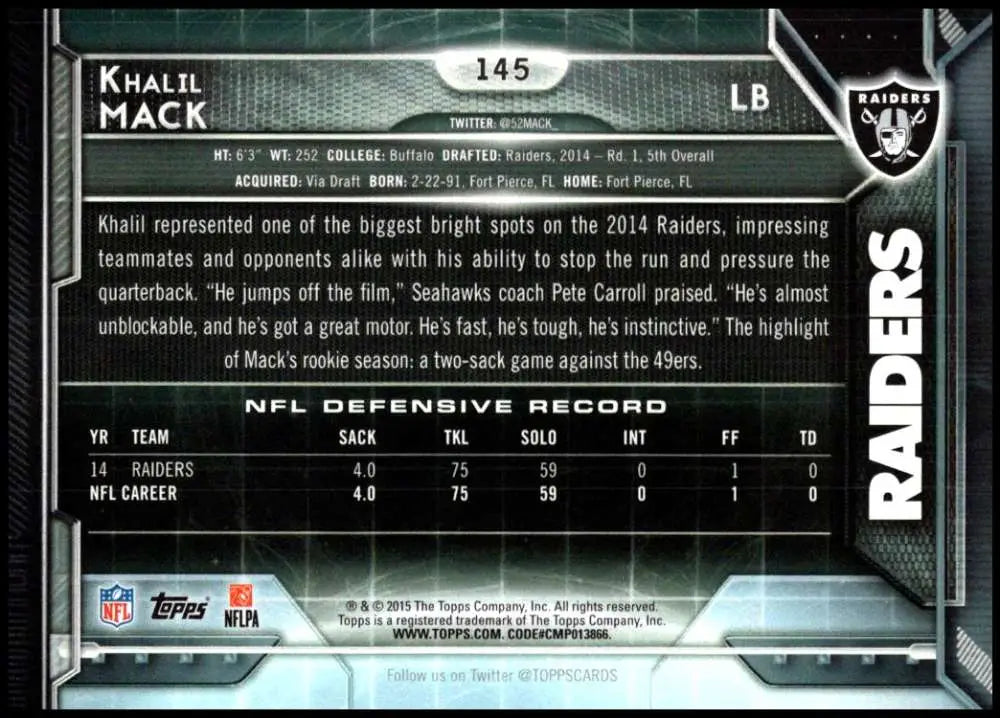 2015 Topps #145 Khalil Mack NM-MT Oakland Raiders Football Card - Football Card Single