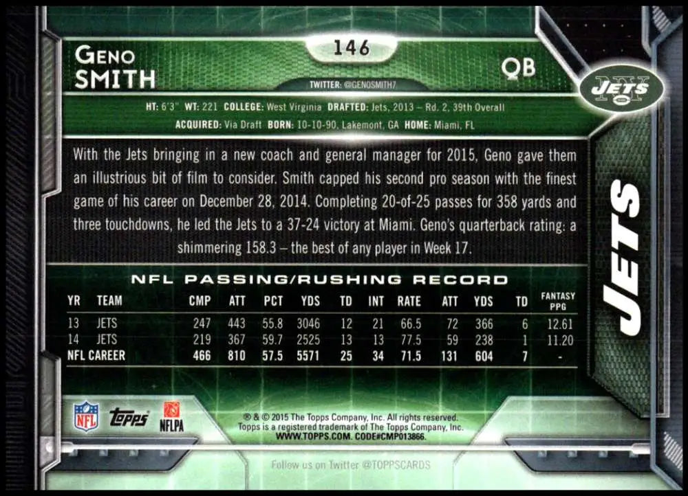 2015 Topps #146 Geno Smith NM-MT New York Jets Football Card - Football Card Single
