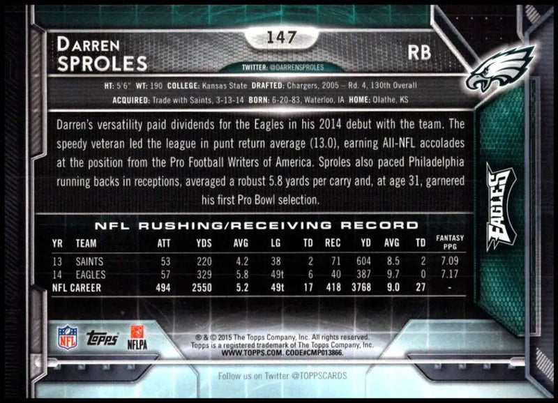 2015 Topps #147 Darren Sproles NM-MT Philadelphia Eagles Football Card - Football Card Single
