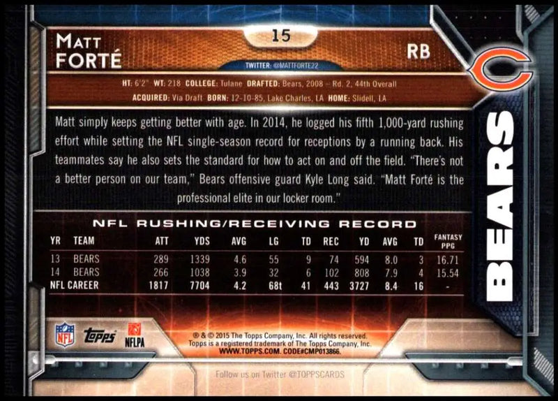 2015 Topps #15 Matt Forte NM-MT Chicago Bears Football Card - Football Card Single