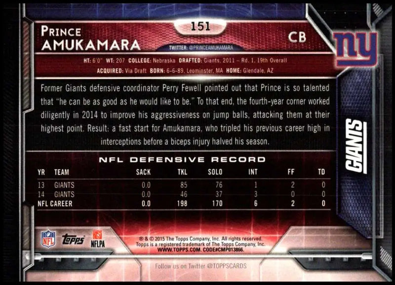 2015 Topps #151 Prince Amukamara NM-MT New York Giants Football Card - Football Card Single