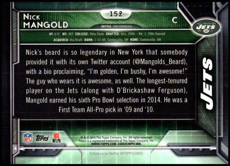 2015 Topps #152 Nick Mangold NM-MT New York Jets Football Card - Football Card Single