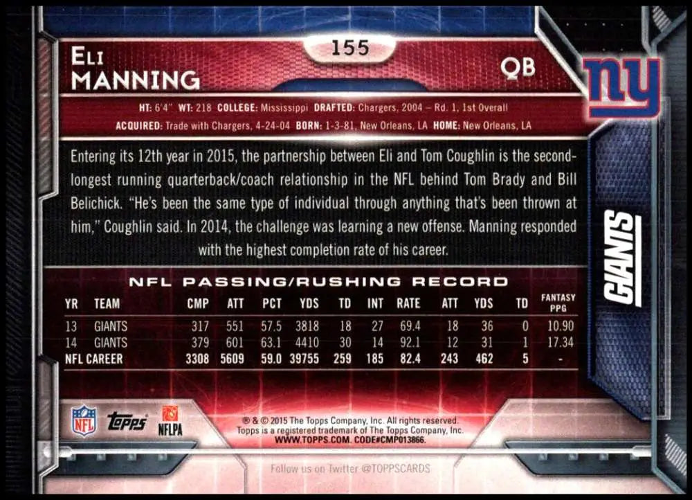2015 Topps #155 Eli Manning NM-MT New York Giants Football Card - Football Card Single