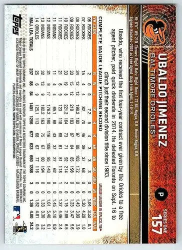 2015 Topps #157 Ubaldo Jimenez NM-MT Orioles ID:72180 - Baseball Card Single