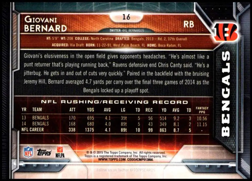 2015 Topps #16 Giovani Bernard NM-MT Cincinnati Bengals Football Card - Football Card Single