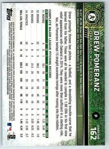 Original gloss 2015 Topps Drew Pomeranz baseball card NM-MT Athletics ID4062