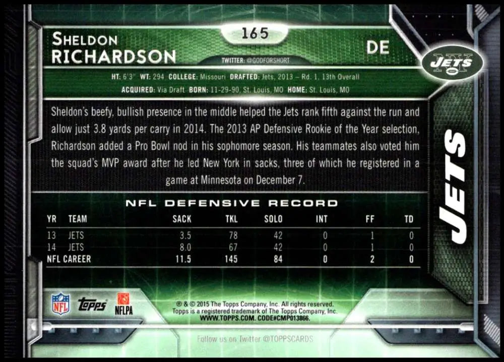 2015 Topps #165 Sheldon Richardson NM-MT New York Jets Football Card - Football Card Single