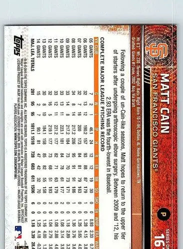 Matt Cain baseball card with original gloss, 2015 Topps NM-MT Giants ID 71637