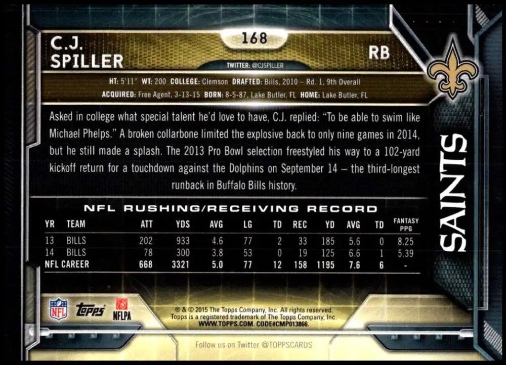 2015 Topps #168 C.J. Spiller NM-MT New Orleans Saints Football Card - Football Card Single