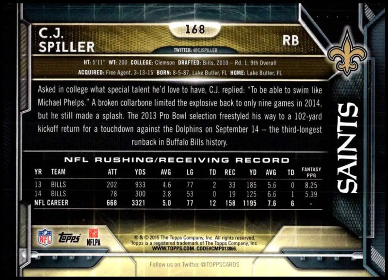 2015 Topps #168 C.J. Spiller NM-MT New Orleans Saints Football Card - Football Card Single