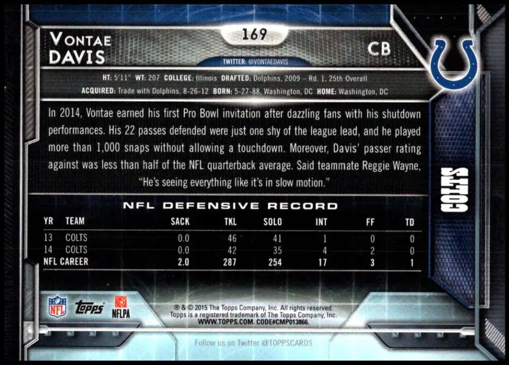 2015 Topps #169 Vontae Davis NM-MT Indianapolis Colts Football Card - Football Card Single