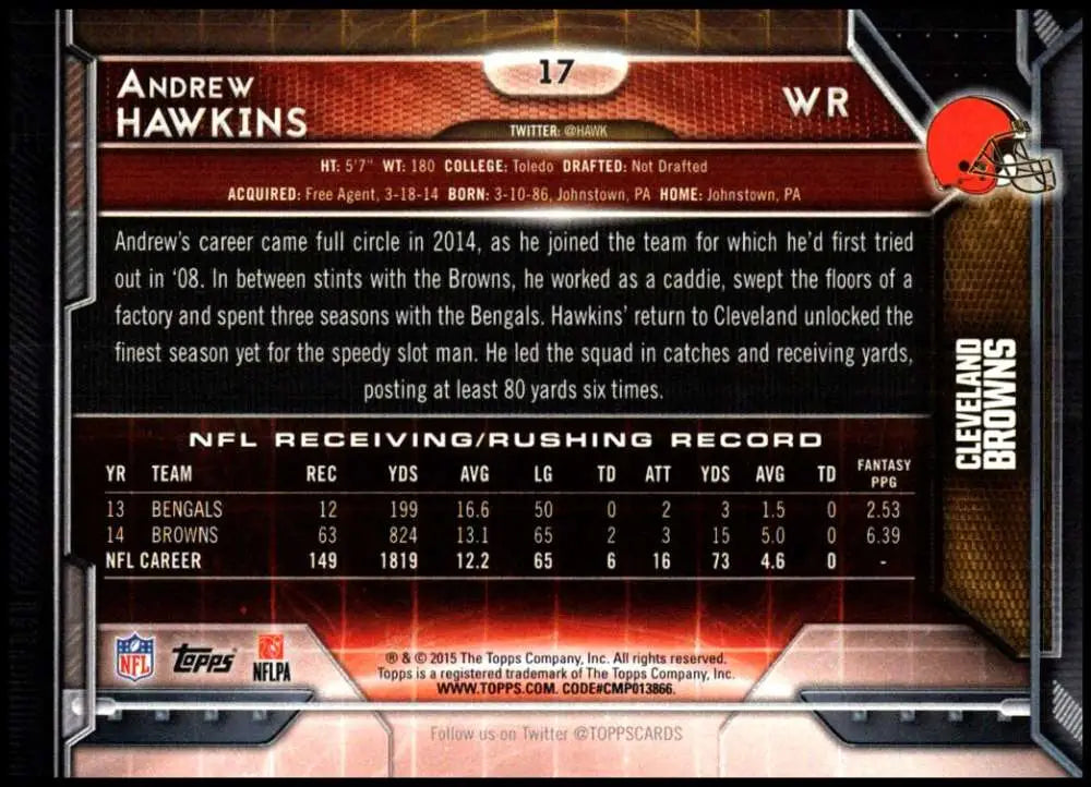 2015 Topps #17 Andrew Hawkins NM-MT Cleveland Browns Football Card - Football Card Single