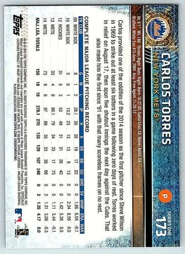 2015 Topps Carlos Torres baseball card with original gloss NM-MT Mets ID 73144