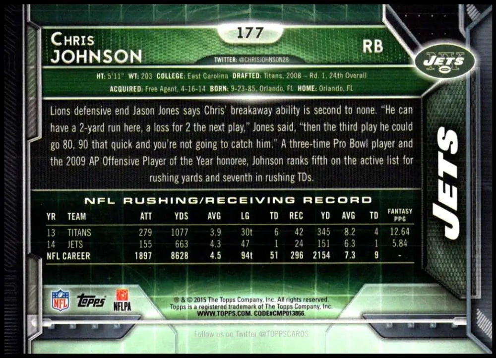 2015 Topps #177 Chris Johnson NM-MT New York Jets Football Card - Football Card Single