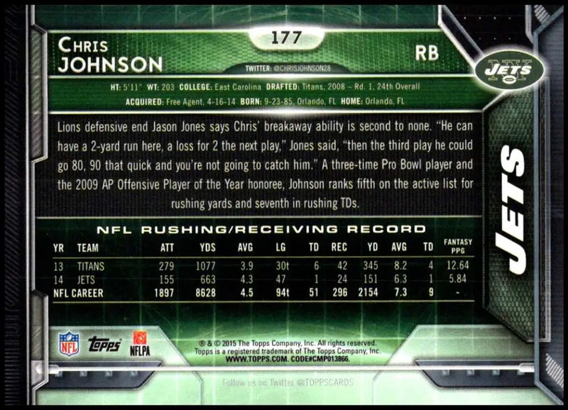 2015 Topps #177 Chris Johnson NM-MT New York Jets Football Card - Football Card Single