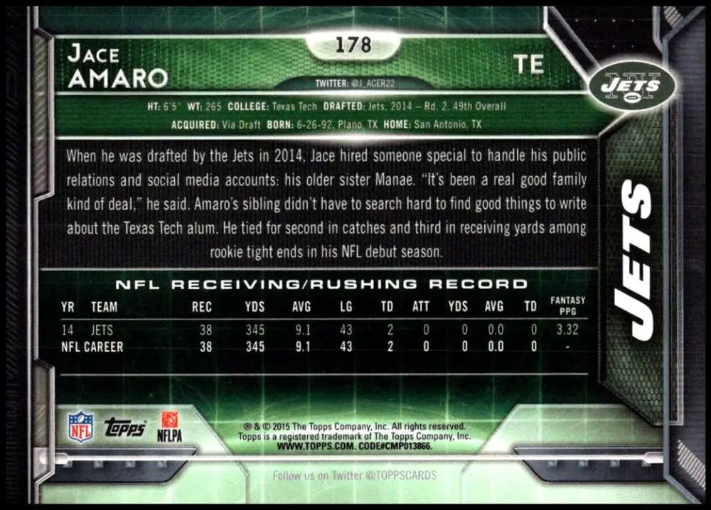 2015 Topps #178 Jace Amaro NM-MT New York Jets Football Card - Football Card Single