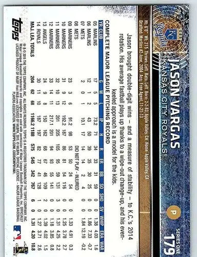 Original gloss Jason Vargas baseball card 2015 Topps NM-MT Royals ID 4066