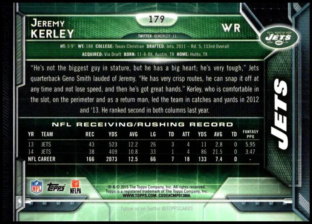 2015 Topps #179 Jeremy Kerley NM-MT New York Jets Football Card - Football Card Single