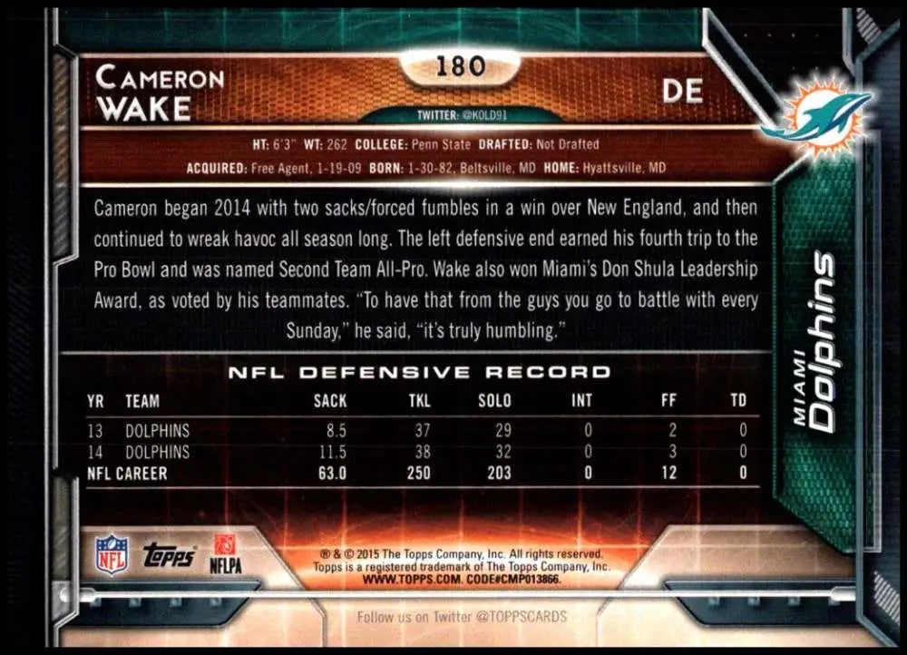 2015 Topps #180 Cameron Wake NM-MT Miami Dolphins Football Card - Football Card Single