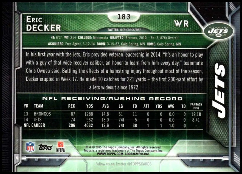 2015 Topps #183 Eric Decker NM-MT New York Jets Football Card - Football Card Single