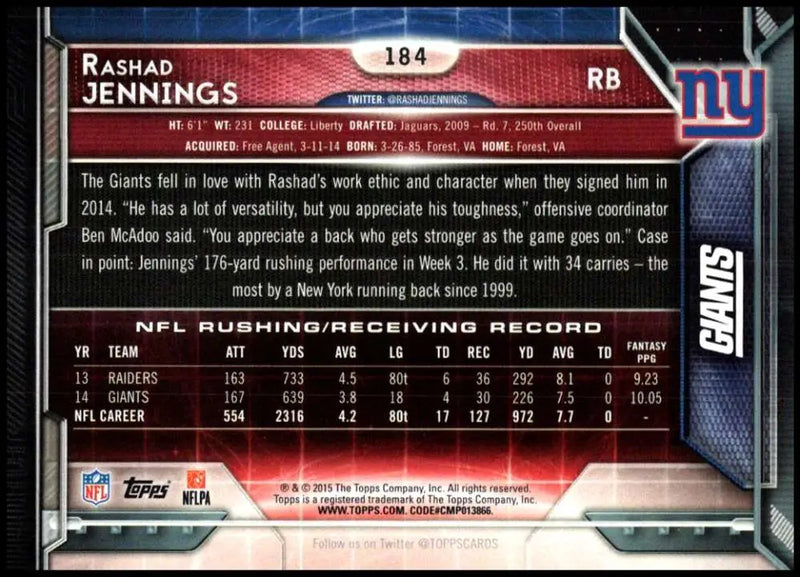 2015 Topps #184 Rashad Jennings NM-MT New York Giants Football Card - Football Card Single