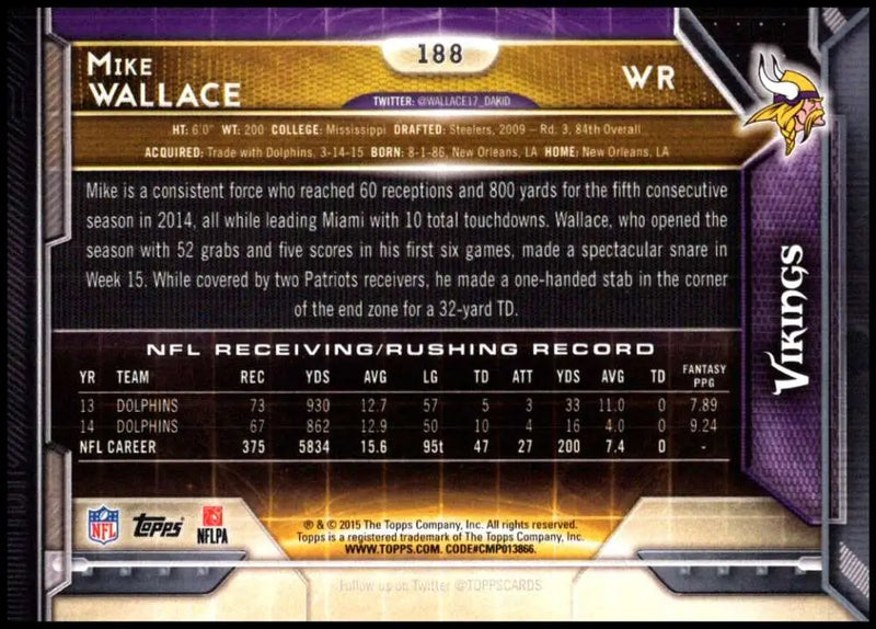 2015 Topps #188 Mike Wallace NM-MT Minnesota Vikings Football Card - Football Card Single