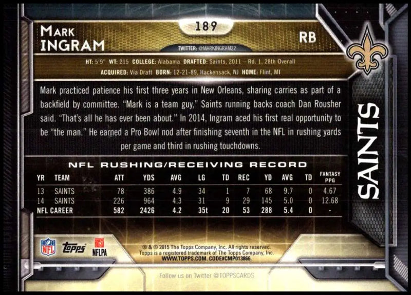 2015 Topps #189 Mark Ingram NM-MT New Orleans Saints Football Card - Football Card Single