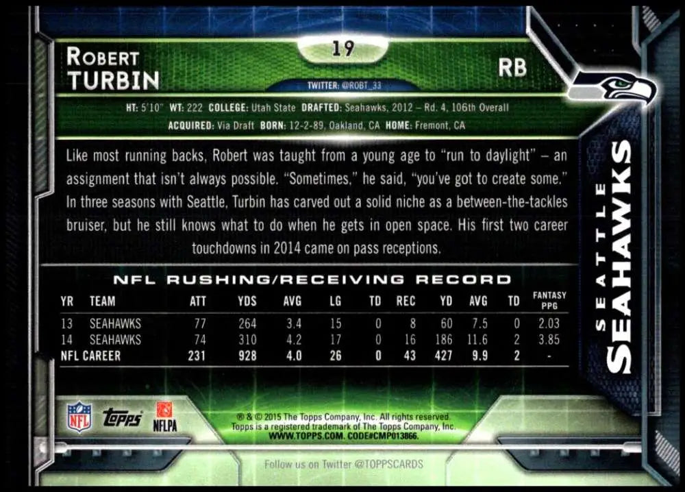2015 Topps #19 Robert Turbin NM-MT Seattle Seahawks Football Card - Football Card Single