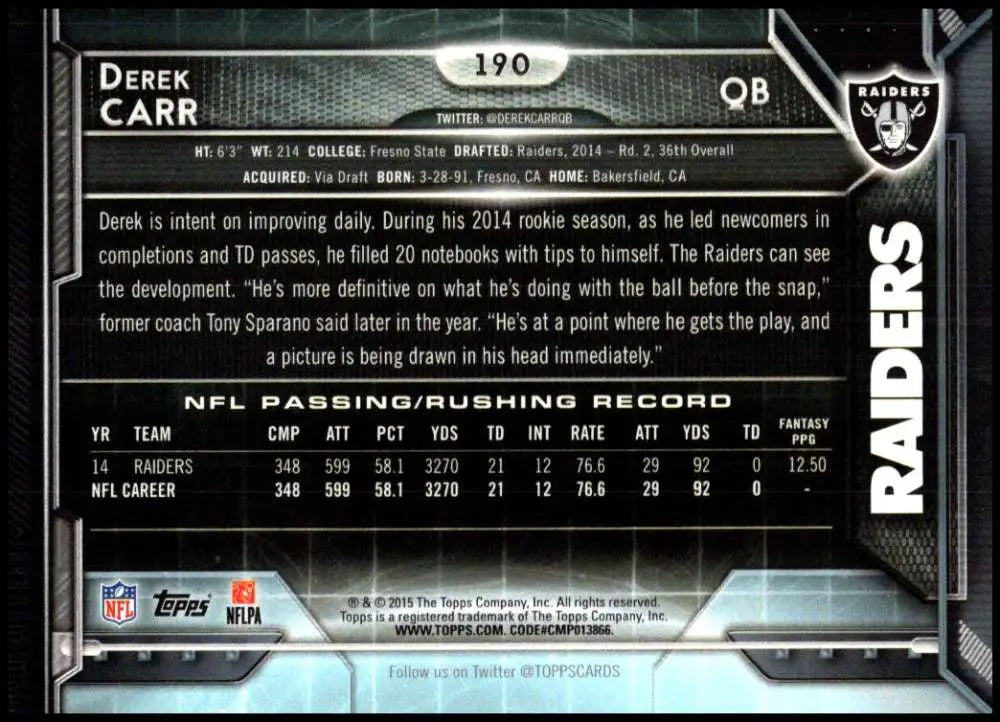 2015 Topps #190 Derek Carr NM-MT Oakland Raiders Football Card - Football Card Single
