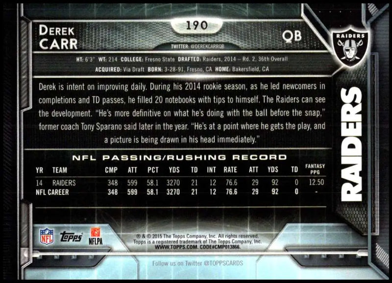 2015 Topps #190 Derek Carr NM-MT Oakland Raiders Football Card - Football Card Single