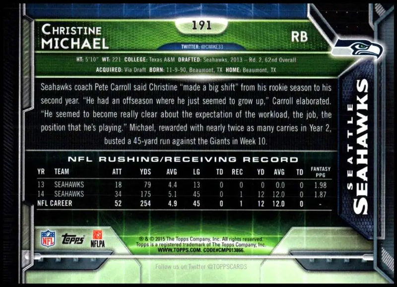2015 Topps #191 Christine Michael NM-MT Seattle Seahawks Football Card - Football Card Single