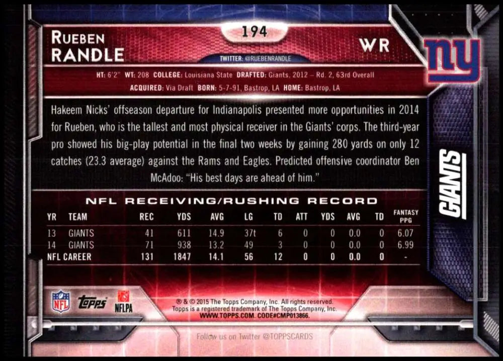 2015 Topps #194 Rueben Randle NM-MT New York Giants Football Card - Football Card Single