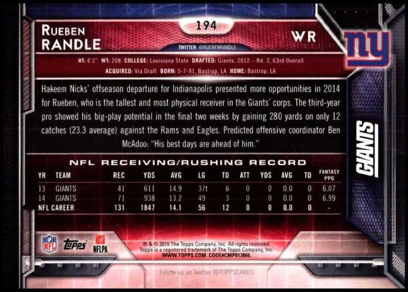 2015 Topps #194 Rueben Randle NM-MT New York Giants Football Card - Football Card Single