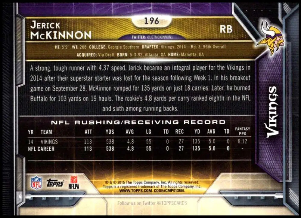 2015 Topps #196 Jerick McKinnon NM-MT Minnesota Vikings Football Card - Football Card Single