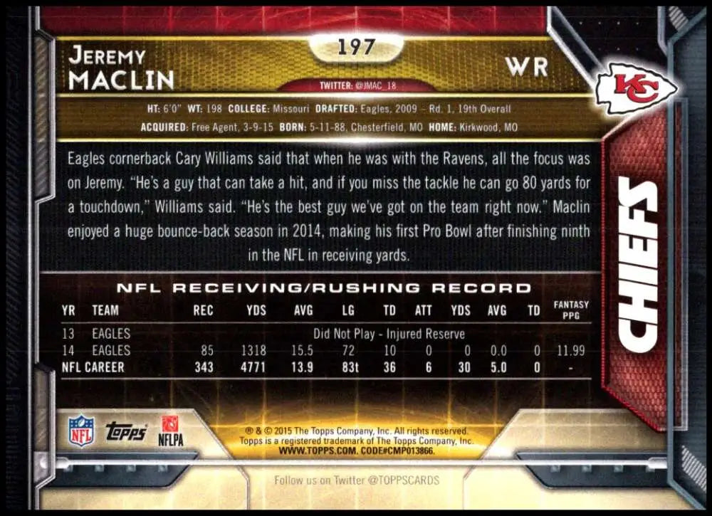 2015 Topps #197 Jeremy Maclin NM-MT Kansas City Chiefs Football Card - Football Card Single