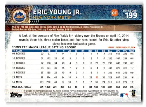 2015 Topps Eric Young Jr. baseball card with original gloss Mets ID 70291