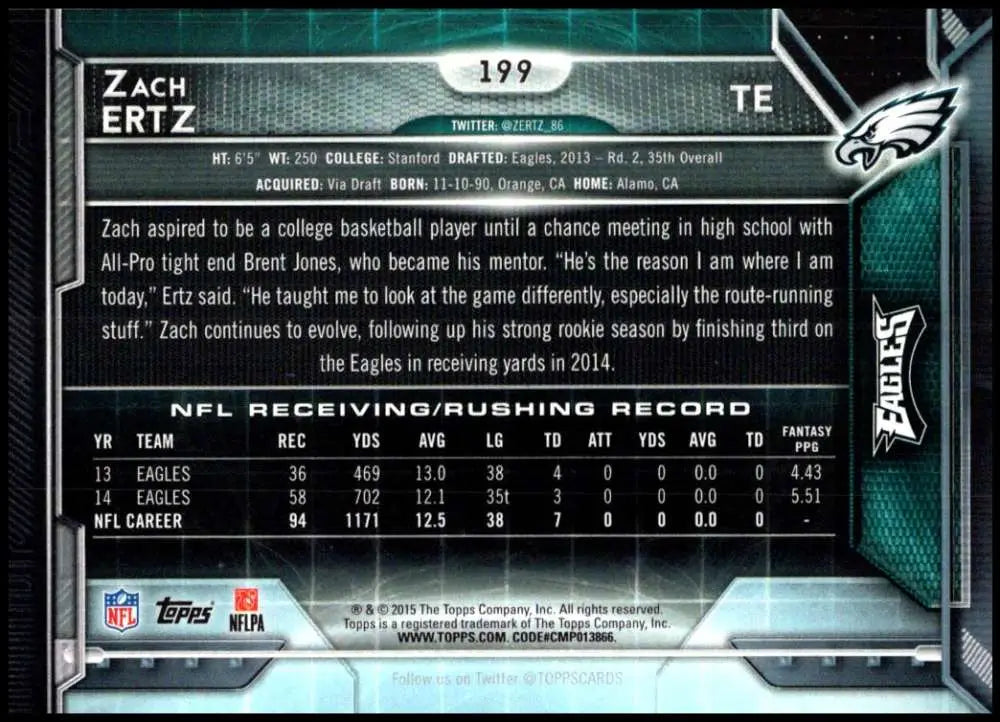 2015 Topps #199 Zach Ertz NM-MT Philadelphia Eagles Football Card - Football Card Single