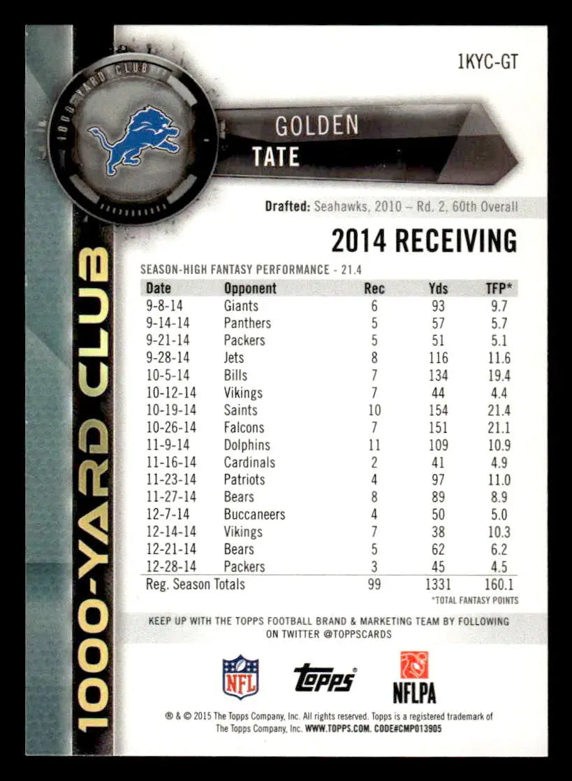 2015 Topps #1KYC-GT Golden Tate 1000 Yard Club - Football Card Single
