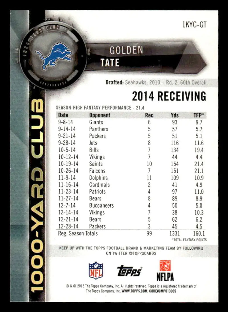 2015 Topps #1KYC-GT Golden Tate 1000 Yard Club - Football Card Single