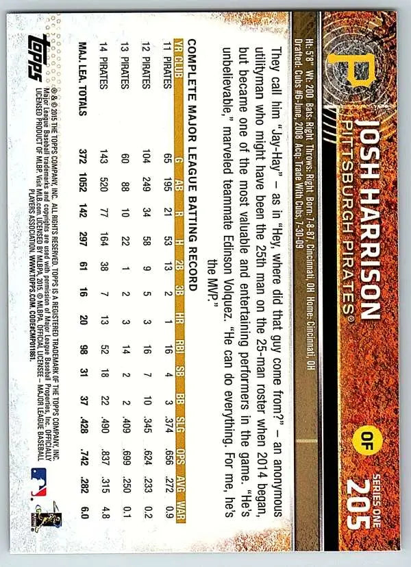 2015 Topps #205 Josh Harrison NM-MT Pirates ID:72107 - Baseball Card Single