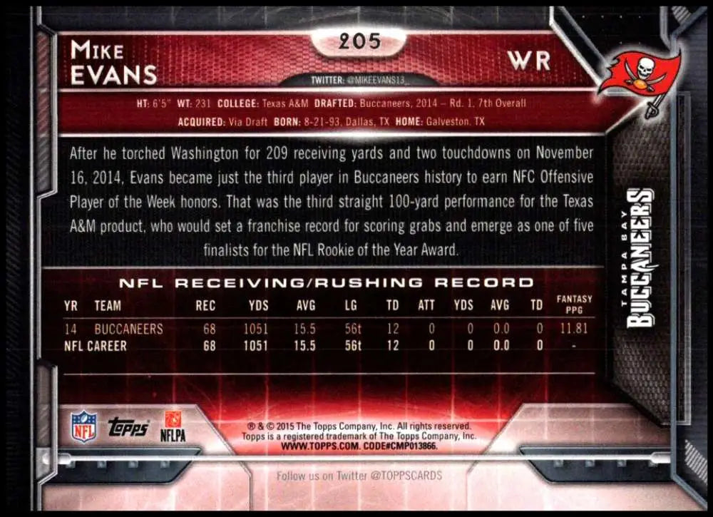2015 Topps #205 Mike Evans NM-MT Tampa Bay Buccaneers Football Card - Football Card Single