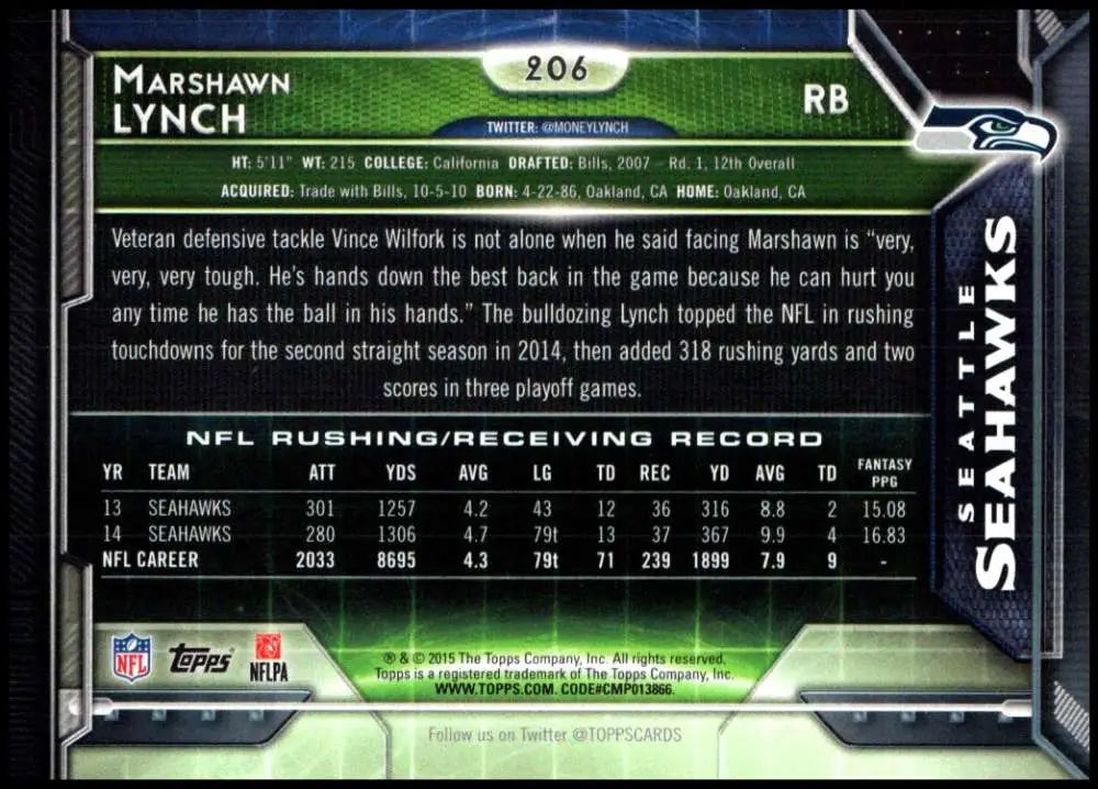 2015 Topps #206 Marshawn Lynch NM-MT Seattle Seahawks Football Card - Football Card Single