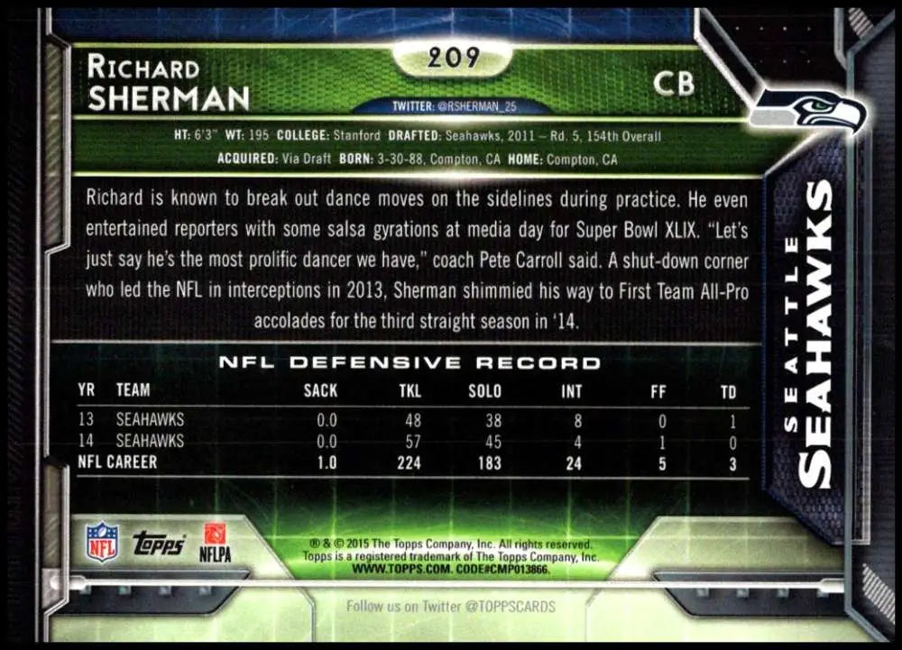 2015 Topps #209 Richard Sherman NM-MT Seattle Seahawks Football Card - Football Card Single