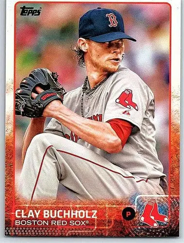 2015 Topps Clay Buchholz baseball card with original gloss featuring Red Sox memorabilia