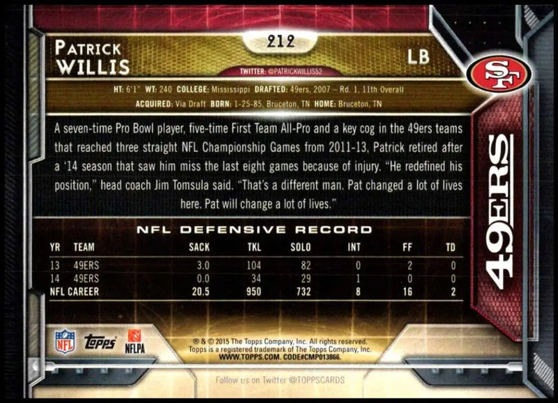 2015 Topps #212 Patrick Willis NM-MT San Francisco 49ers Football Card - Football Card Single