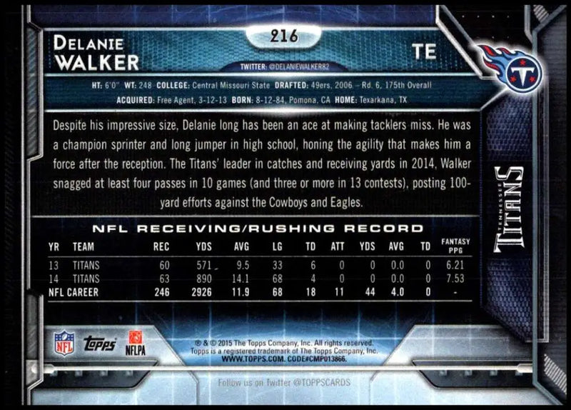 2015 Topps #216 Delanie Walker NM-MT Tennessee Titans Football Card - Football Card Single