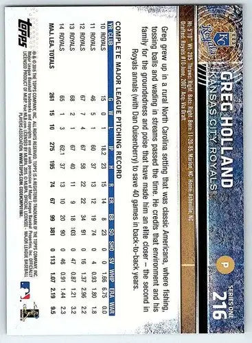 Baseball card back featuring Greg Holland with original gloss, NM-MT condition, Royals