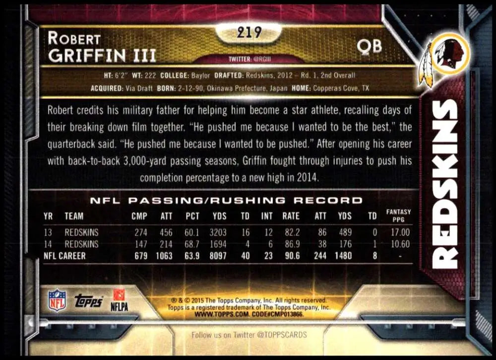 2015 Topps #219 Robert Griffin III NM-MT Washington Redskins Football Card - Football Card Single