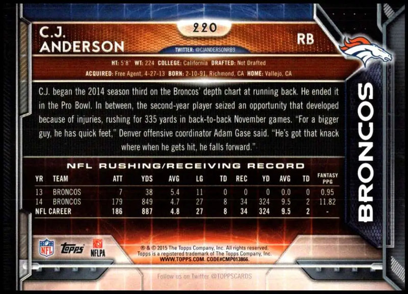2015 Topps #220 C.J. Anderson NM-MT Denver Broncos Football Card - Football Card Single